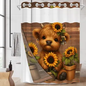 1pc 2D Flat hookless shower curtain with snap fastener and inner lining Sunflower Calf Waterproof inner lining shower curtain, transparent window, double-layer shower curtain, 71 x 74 inches, modern family curtain decoration