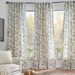 French Country Style Linen Print Curtains, Semi-Transparent UV Protection, Suitable for Dormitory, Bedroom, Dining Room, Balcony, All Seasons, Home Decoration Curtain