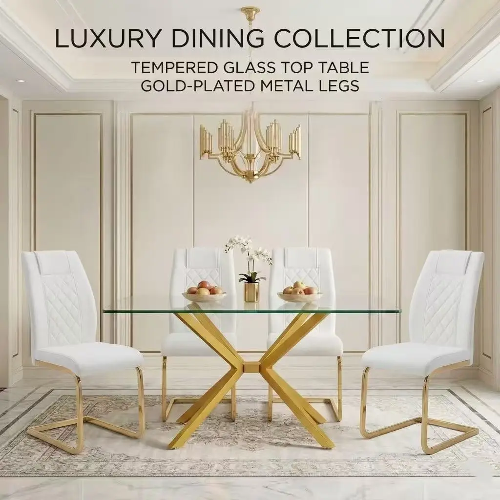 47.24-Inch Rectangular Glass/Metal Modern Dining Table, Indoor 4-Seater Kitchen Table with Tempered Glass Top, Adjustable Leveling Feet, Easy Cleaning, Assembly Required, Guide Included for Small Apartments, Ideal for Family Meals & Home Decoration