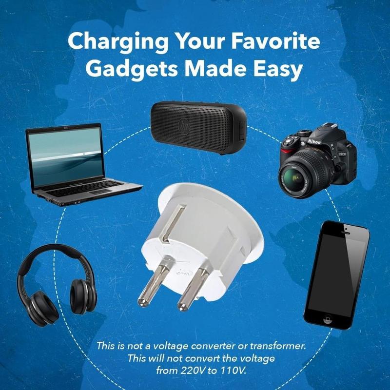 American To European Plug Adapter – Type E/F Schuko Plug Adapter-Use In Germany, France, & More - CE Certified – For Mobile, Laptop & Camera Chargers - 2 Pack