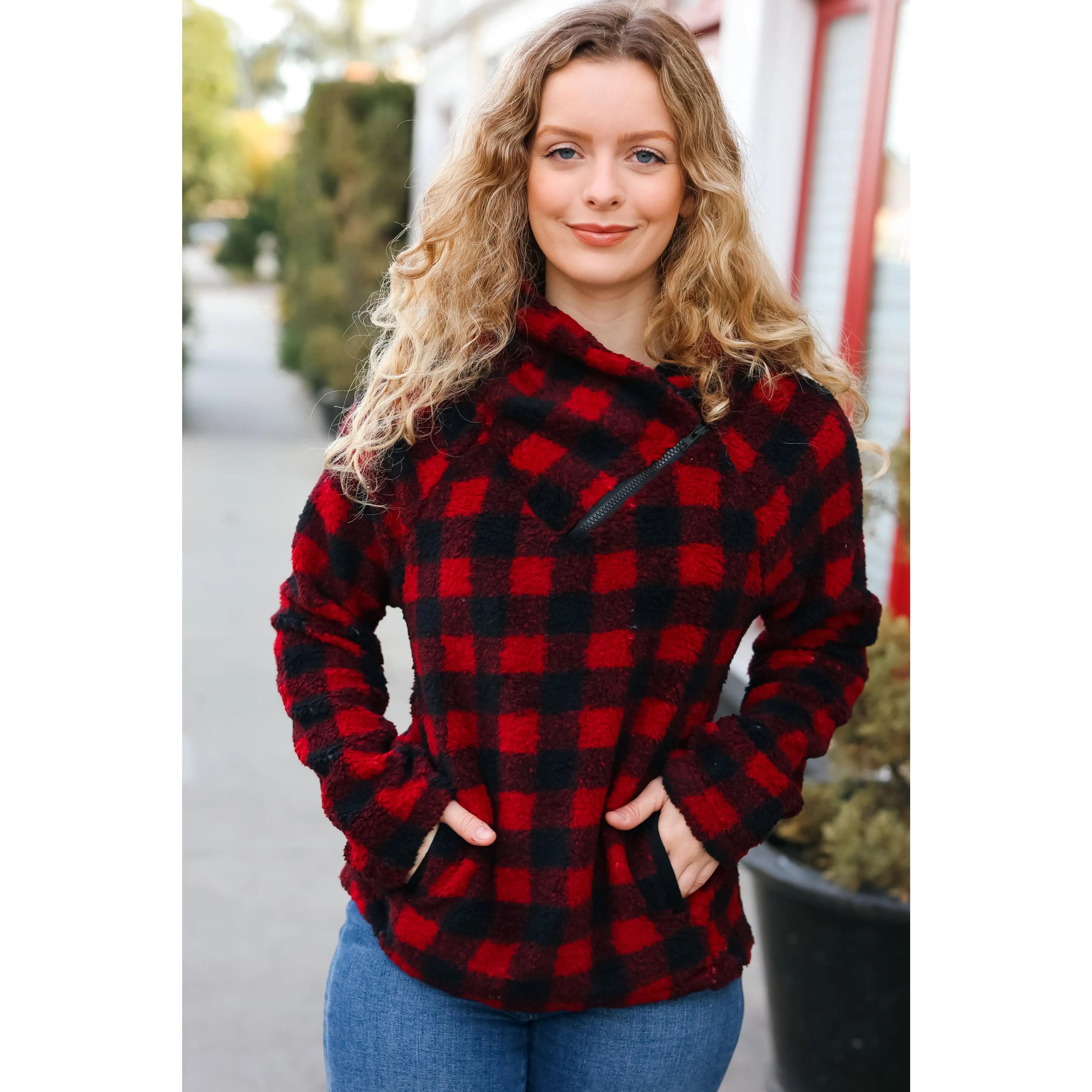 Cozy in Plaid Red Sherpa Sweater