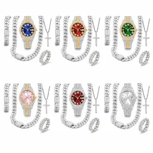 5-Piece Iced Out Jewelry Set – Two Tone Rhinestone Watch, Cuban Link Chain, Bracelet, Cross Pendant Necklace & Ring