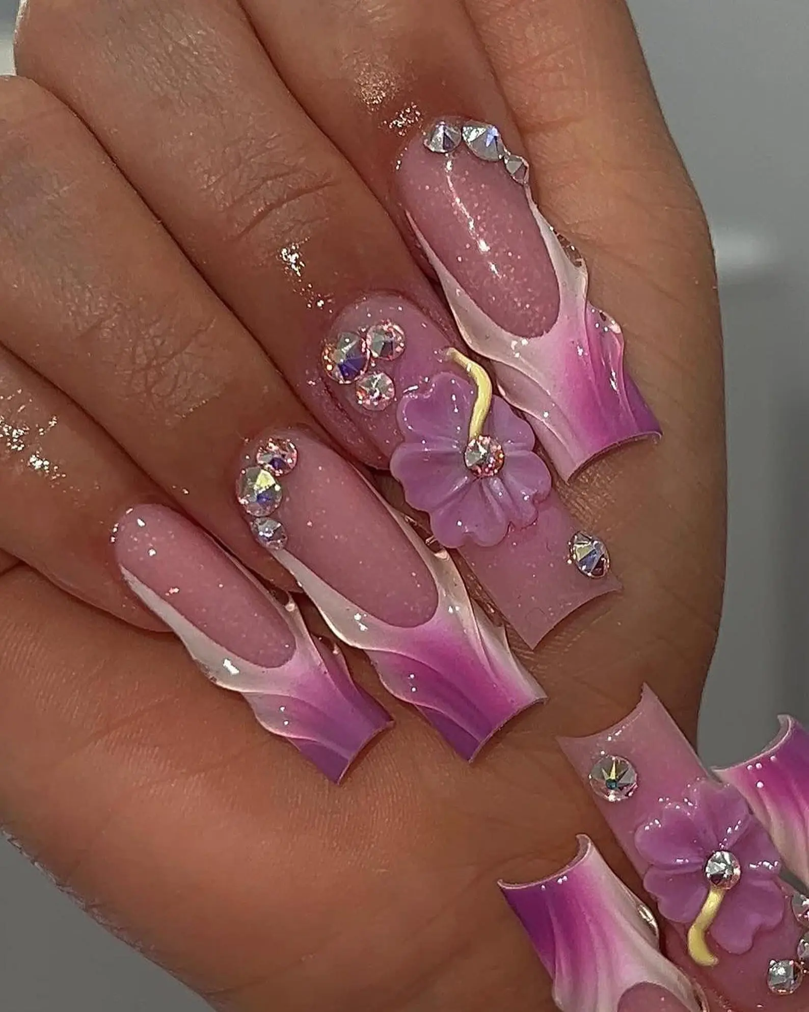 [ Handmade ] Elegant Purple Orchid Press On Nails | Purple Ombre Floral Fake Nails | Vibrant 3D Floral Nail Art | Glamorous Orchid Press Ons |Nail Polish