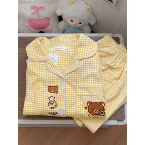Rilakkuma Joke Bea pajamas for women spring and autumn long-sleeved trousers cartoon girl yellow plaid cute home clothe For All