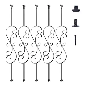 VEVOR Staircase Metal Balusters, 44'' x 1/2" Galvanized Steel Decorative Banister Spindles, 5 Pack S Shape Deck Baluster, Hollow Satin Black Spiral Stair Railing with Shoes & Screws