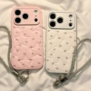 Quilted Star Bow Leather Phone Case with Rhinestone Wrist Strap | Y2K Sweet Girl Aesthetic Protective Case | Shockproof and Scratch-Resistant Design | Compatible with iPhone 17/16/15/14/13 Pro Max | Stylish and Cute Accessory