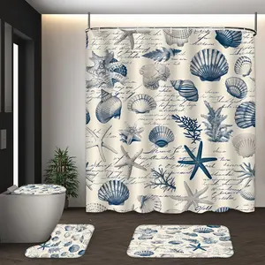 LVRLVR 4Pcs Nautical Seashell & Starfish Print Vintage Coastal Multi-Color Shower Curtain Set 70.8×70.8 Inch