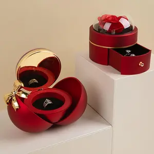 Valentine's Day Bow-Shaped Jewelry Box with Rose Design, Festive Gift Box for Couples, Velvet Ring & Necklace Packaging