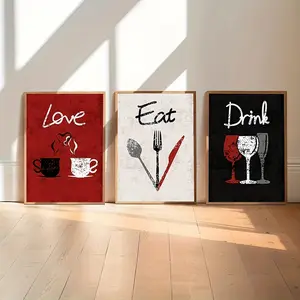 [2D Flat No Frame] 'Eat Love Drink' Frameless Wall Art 3-Piece Set - Modern Art Design Thickened Color Wall Decor, Suitable for Living Room, Bedroom, Kitchen, and Home Office, 8*10 Inches.