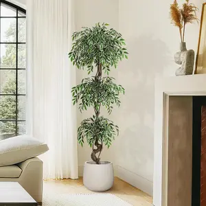 6ft Artificial Ficus Tree with White Pot, 1408 Dense Leaves & Realistic Pebbles, Low Maintenance Fake Tree for Home Office Living Room Corner Decor – Easy Assembly