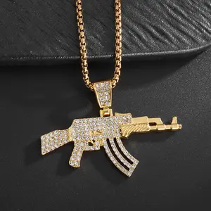 Hip Hop Iced Out Rifle Pendant Necklace for Men Gold Rapper Chain Streetwear Jewelry