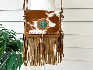 Cowhide Crossbody Purse Western Bag with Fringes Turquoise Handbag Clutch Brown Leather | Real Hair on Cow Hide | Cowgirl Gifts