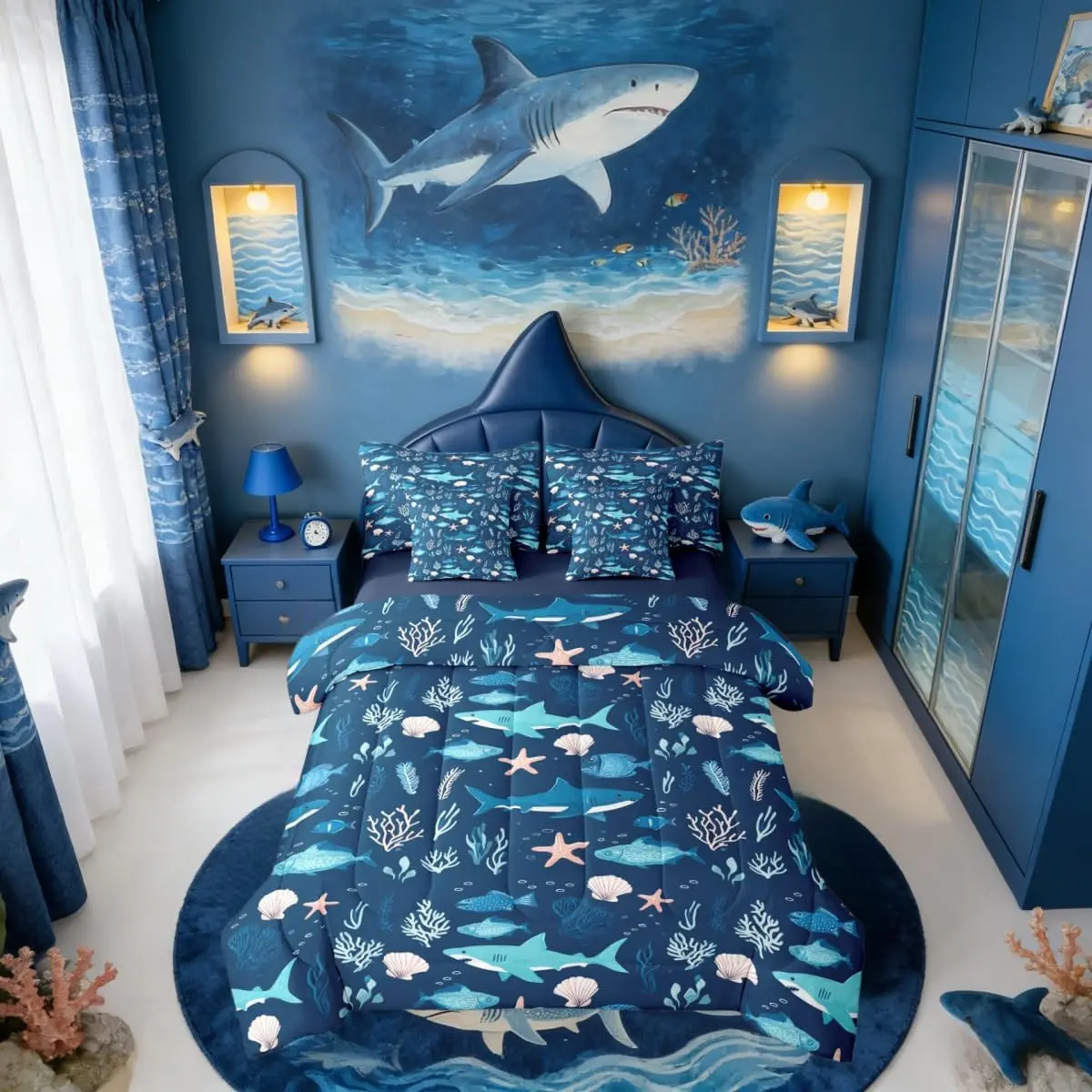 Shark Comforter Set 7 Pieces Ocean Shark Bedding Set Marine Life Bed in A Bag with Sheets Underwater Coral Seashell Bed Sets Nautical Sea Animal Room Decor