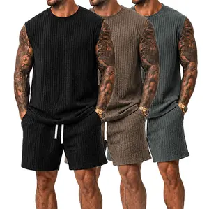 Men’s matching set: waffle knit sleeveless vest + drawstring shorts, summer casual breathable loungewear/home workout set