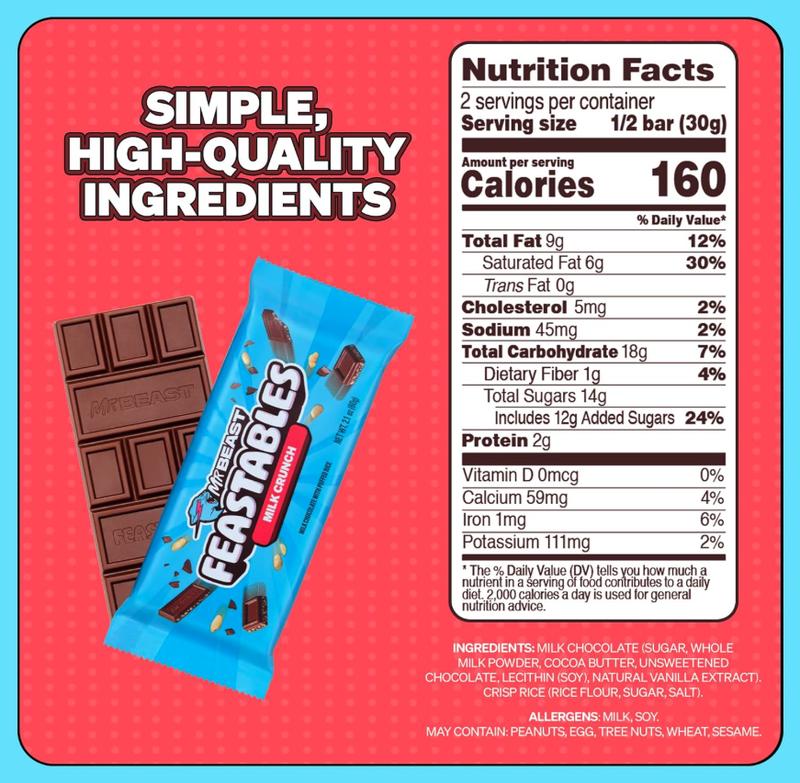 Feastables by MrBeast Sampler Pack King Size Chocolate Bars - for Adults & Kids, Chocolate, Candy, Cocoa Sweet & Crunchy Snack, Fairtrade Certified, Kosher, Perfect for Gifting or Snacking