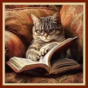 Stamped Cross Stitch Embroidery Kits for Beginners Adults Full Range DIY Printed Cross Stitch Starter Needlepoint Kits 11CT-Cat Reading 18x18 inchs