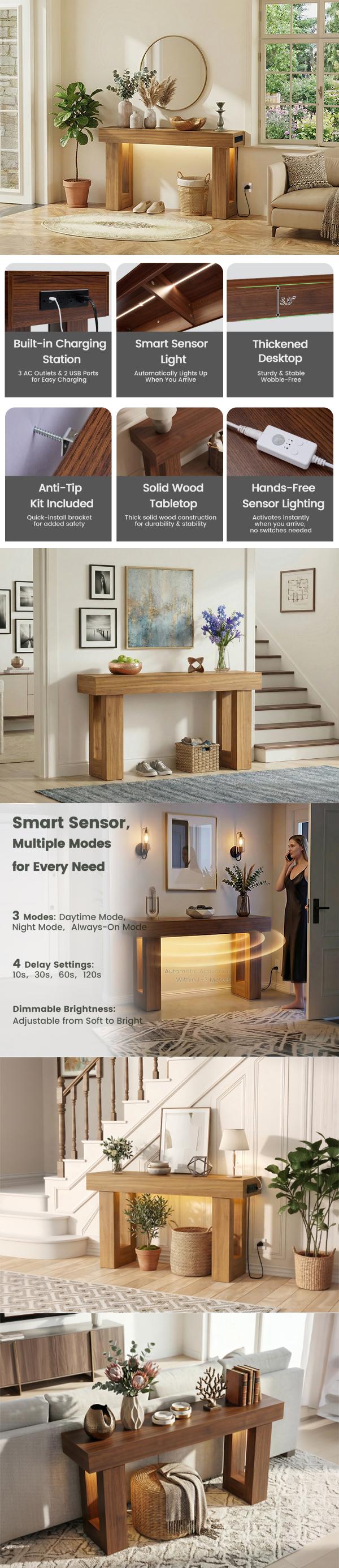 63 Inch Entryway Table with Socket and Sensor Light, Farmhouse Wooden Sofa Table Behind Couch or Foyer Table, Narrow Console Table with Storage Shelf for Living Room, Entrance, Hallway, Easy Assembly