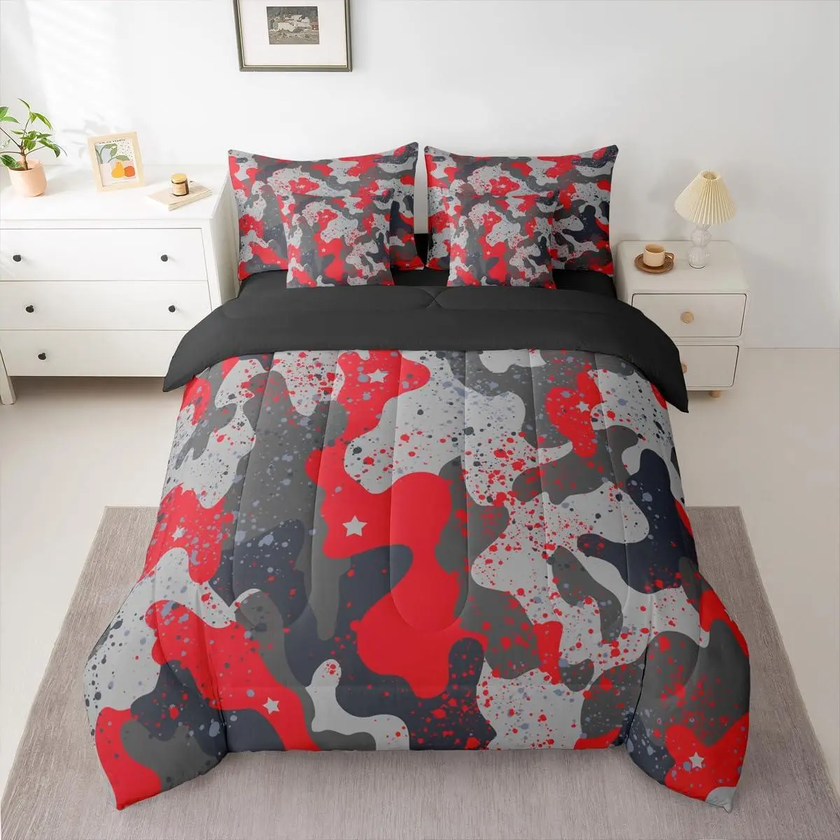 Camo Comforter Set with Sheets 7 Piece Army Camouflage Bedding Set Colorful Pattern Style Bed in a Bag Red Room Decor for Kids Boys GirlsLightweight Microfiber