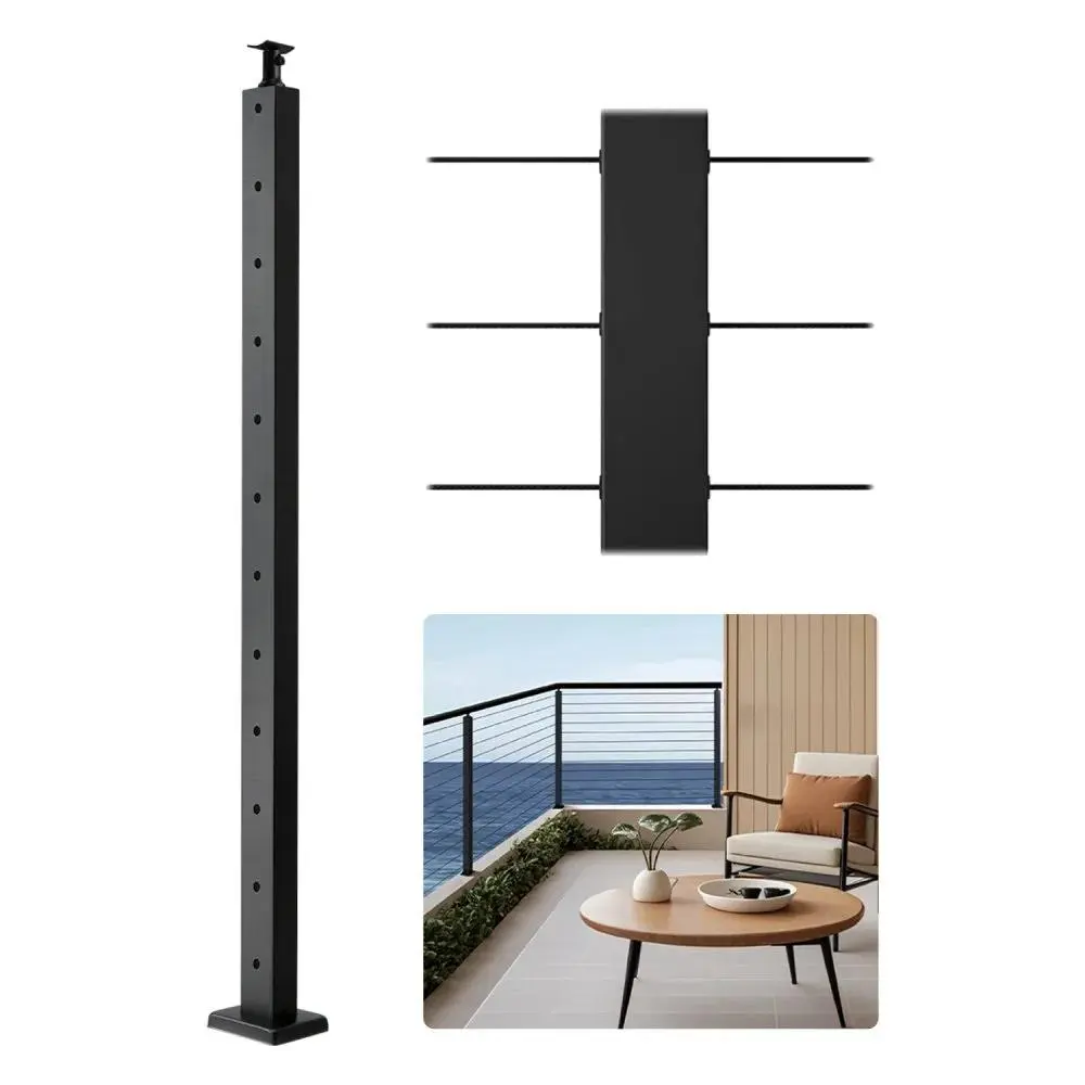 【toolupgrade】VEVOR Cable Railing Post, 42x1x2 Inch Level Deck Stair Posts, 1-Pack Stainless Steel Cable Handrail Post, Pre-Drilled Pickets with Mounting Bracket Stair Railing Kit, Black