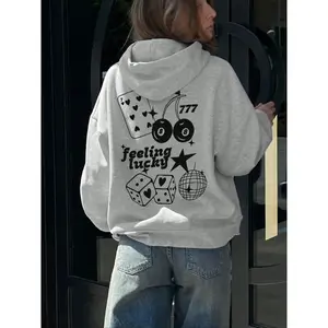 Women’s Cherry & Letter Print Drop Shoulder Hoodie, Fashion Casual Drawstring Pocket Hooded Sweatshirt for Daily, Holiday, and Outdoor Wear, Ladies’ Clothing for Autumn and Winter