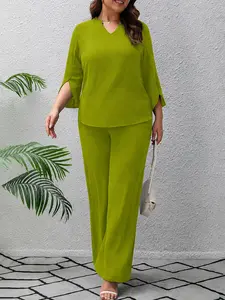 Plus Size Women's V-Neck Loose Seven-Foot Sleeve Top, Dual Pocket Wide Leg Pants, Solid Color Fashion 2-Piece Set, Suitable for Spring Summer Autumn