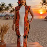 【Black Friday】Women's Elegant Animal Print Long Dress Set, Slim-Fitting Moo Moo Dress & Scarf, Beach Sun Protection Shawl, All-Season Fashion, Swimwear Cover-Ups, Outdoor Beach Cover-Ups, Summer Swimsuit Cover-Ups