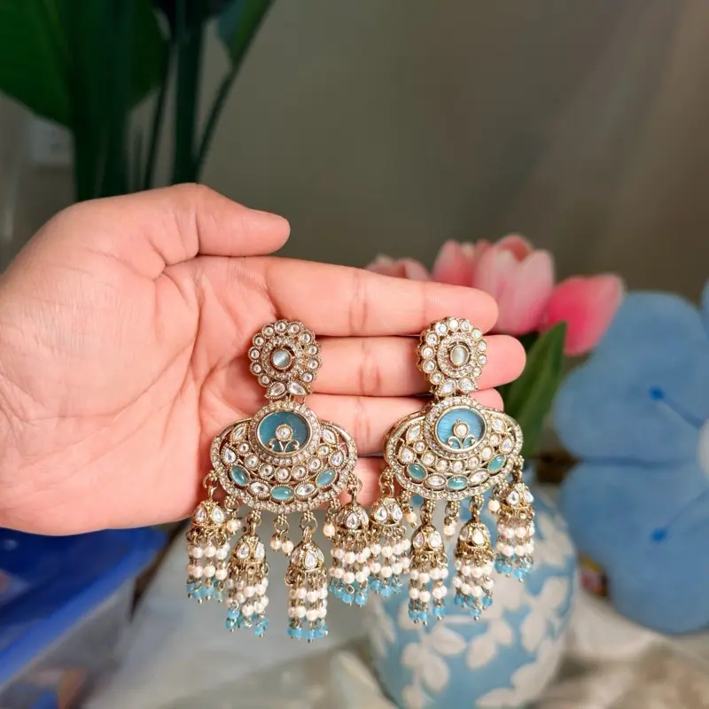 Women's Traditional Kundan Earrings, Handcrafted Indian Bridal Jewelry for Weddings, Festive Occasions