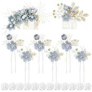 20 Pack Classy Dusty Blue Flower Bridal Wedding Hair Side Combs+Floral Hair Pins+Twist Spiral Pearl Hair Pins Clips Pieces Formal Prom Headpieces Accessories for Brides Bridesmaids Women Girls Tiara tiktokshopspringglowup