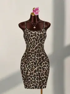 Women's Leopard Print Spaghetti Strap Sexy Short Sleeveless Fitted Dress, Holiday, Party Wear, Birthday, Valentine's Day, New Year, Fashion Feminine Comfort Elegant