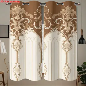 2D Flat, 2D Flat 2pcs Brown Floral Scrollwork Curtains, Sun Blocking Window Draperies, HD Digital Printing, Elegant Baroque Style Treatments, All-Season for Living Room Bedroom Study Decor, 2D Flat