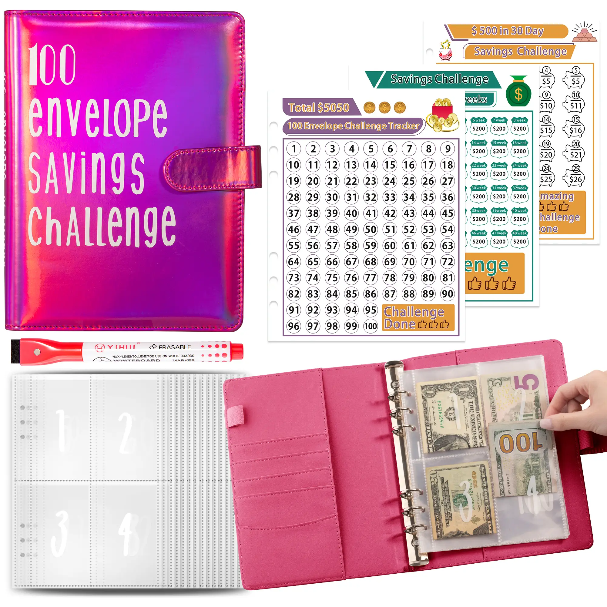 100 days Money Saving Challenge, Easy and Fun Way to Save $5,050, Savings Challenges Budget Book Binder