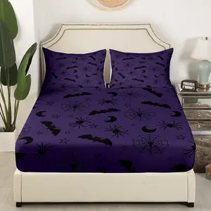 Happy Halloween Teens Bats Pattern Bed Cover for Kids Boys Girls,Spider Moon Bedroom Decoration Black and Purple Fitted Sheet Set