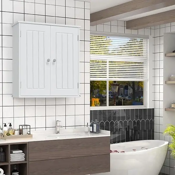 Bathroom Wall Cabinet Over Toilet, Small Medicine Cabinet For Bathroom Laundry Room Kitchen, Space Saver Storage Cabinet With 2 Door Adjustable Shelves White Black