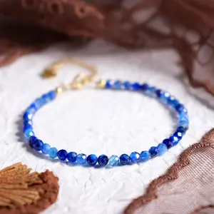 Natural Dainty Blue Kyanite Stone Tiny 3mm Beads Crystal Healing Charka Crystal Gold-Plated Chain Minimalist Bracelet Gift for Women