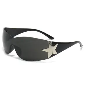 Y2K Rimless Punk Sunglasses with Star Details - Wrap-Around One-Piece Design for Men & Women Edgy Aesthetic for Urban Street Style UV Protection Non-Polarized Polycarbonate Lens