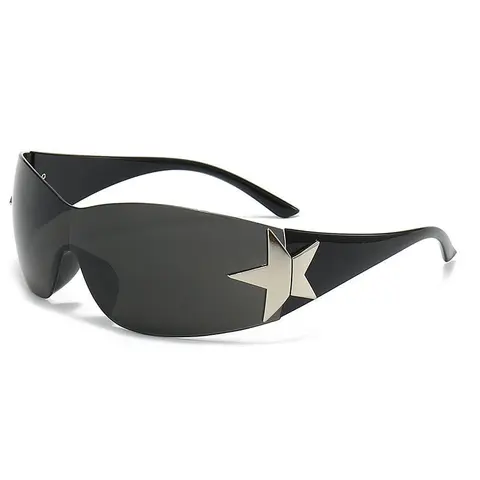 Y2K Rimless Punk Sunglasses with Star Details - Wrap-Around One-Piece Design for Men & Women Edgy Aesthetic for Urban Street Style UV Protection Non-Polarized Polycarbonate Lens