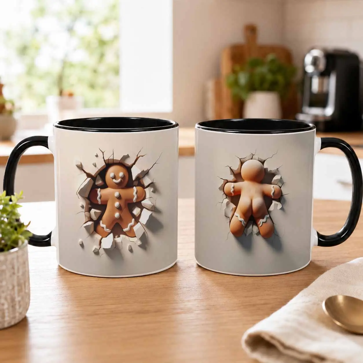 Gingerbread Man Mug (11oz/15oz)  Funny Cracked Wall Cookie Art Pattern  Ceramic Coffee Cup with Durable Design and Vibrant Print  Perfect for Christmas Morning  Holiday Parties  Office Desk  Home Kitchen or Gift Exchange