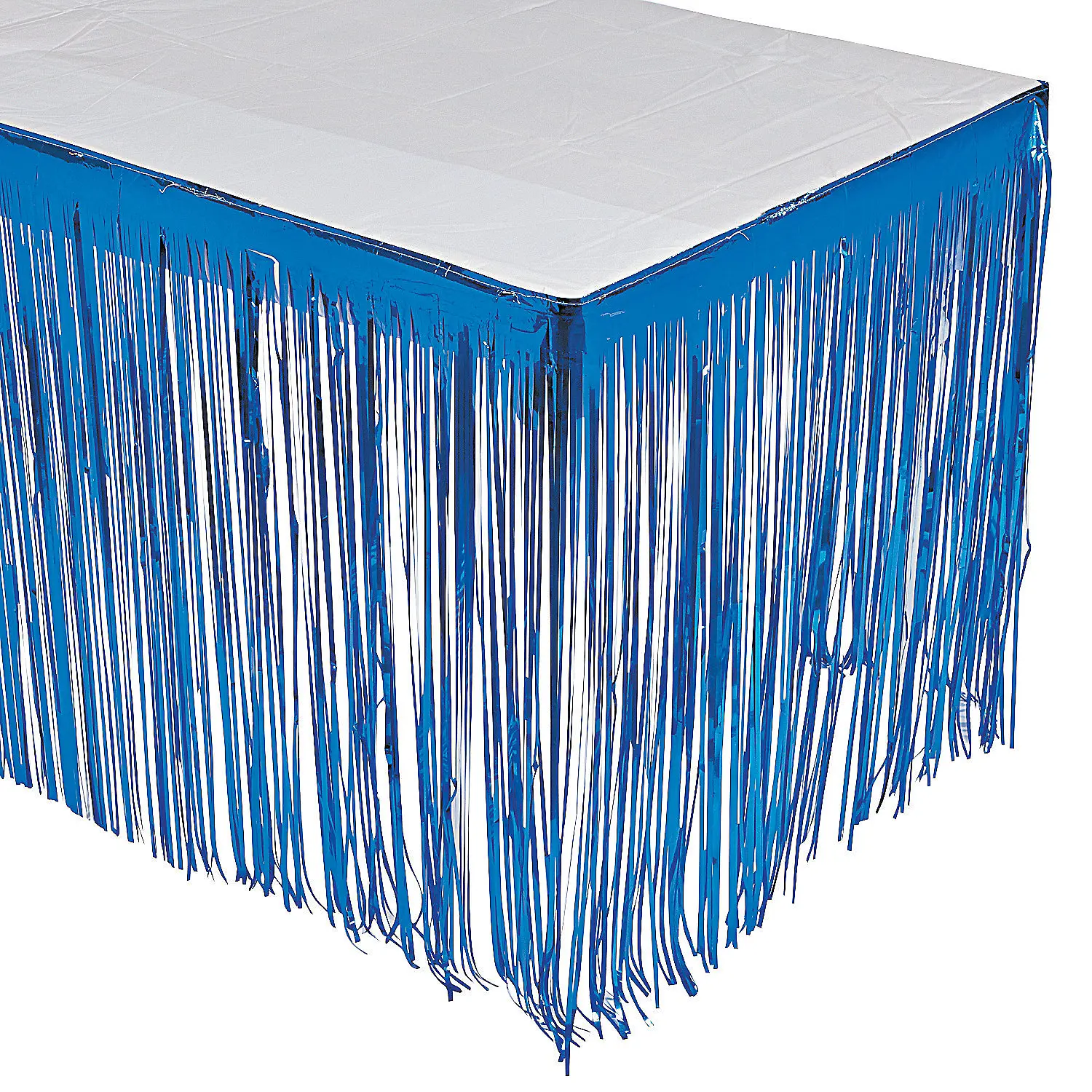 Disposable Blue Metallic Fringe Plastic Table Skirt - 1-Piece, 9 ft x 29 in Rectangle Table Cover, Easy Cleanup Party Decoration for Birthday, Baby Shower, Holiday, Home Supplies & Disposable Tableware