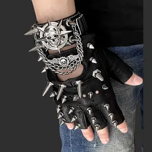 Motorcycle Steampunk Fingerless Gloves with Bracelet Men's Rivet leather gloves