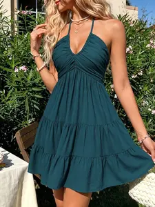 Women Summer Daily French Fresh Resort Style Ruched Multi-layer V Neck Halter Dress Home Outdoor City Regular Trend Casual Elegant Youthful Simple Versatile Textured Temperament Artistic