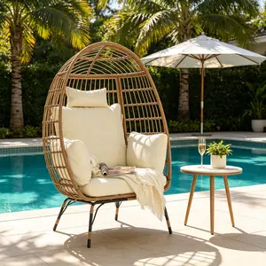 Summervibes Oversized All-Weather PE Wicker Egg Chair, 600lbs Capacity, Modern Design with 39x28.5x58.2" Fully Welded Metal Frame, Large Machine Washable Cushion & Pillow, Black Rattan Seating for Porch & Backyard