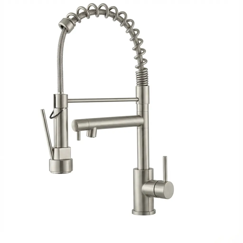 Brushed Nickel Touch-On Kitchen Faucet - Single Handle, Pull-Down Sprayer, 2-Function Stainless Steel Spring Neck, Single Hole for Residential, Commercial Use