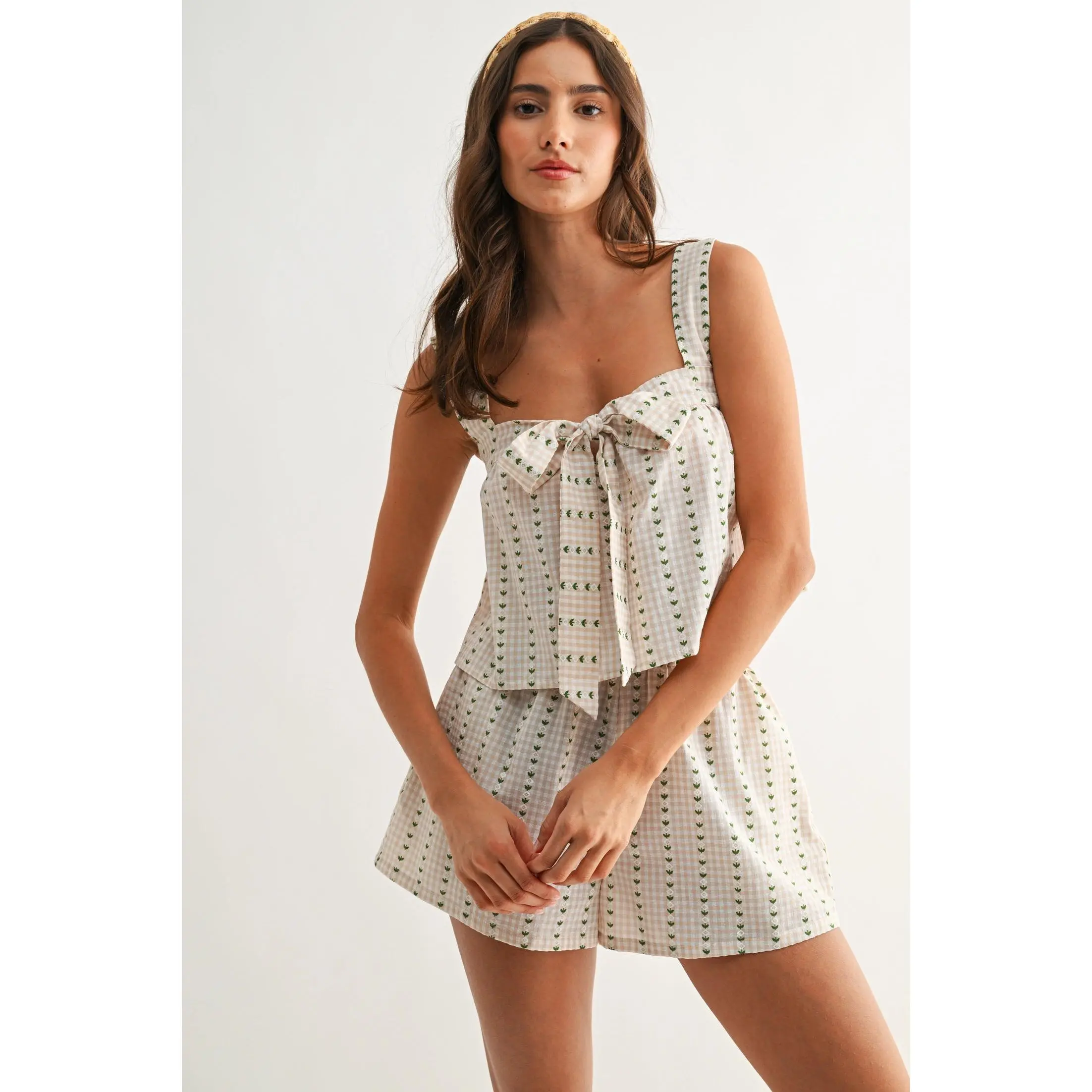 Checkered 2-Piece Shorts Set with a Sweetheart Tie-Front Crop Top, Puff Sleeves and High-Waisted Bottoms, Checkered Gingham, Women's Clothes, Two Piece Sets Women