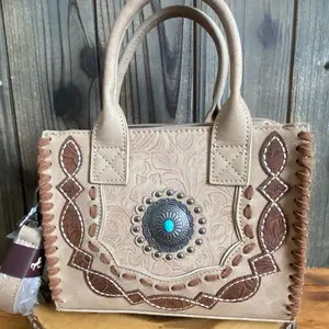 Montana West Small Leather Tote Bag with the Turquoise Concho, Adjustable Strap & Unique Buck Stitch Design.