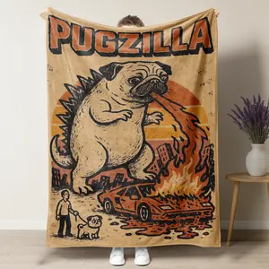 Pugzilla Catzilla "Godzilla" Meme Flannel Blanket,Viral Must-Have Retro Kaiju Monster Pug Throw Blanket,Super Soft Cozy Blanket for Pug Lovers,Trendy Retro Movie Themed Home Decor