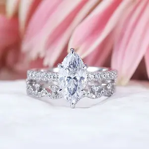 Vintage 2pcs Marquise Cut Sterling Silver Ring Set with Lace Band weddingring love