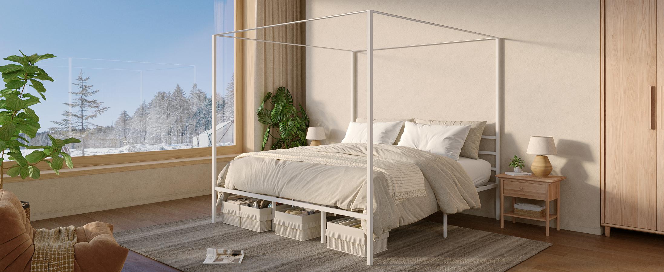 YITAHOME Canopy Bed Frame Metal Four Posters 14 Inch Platform with Built-in Headboard Strong Metal Slat Mattress Support, No Box Spring Needed