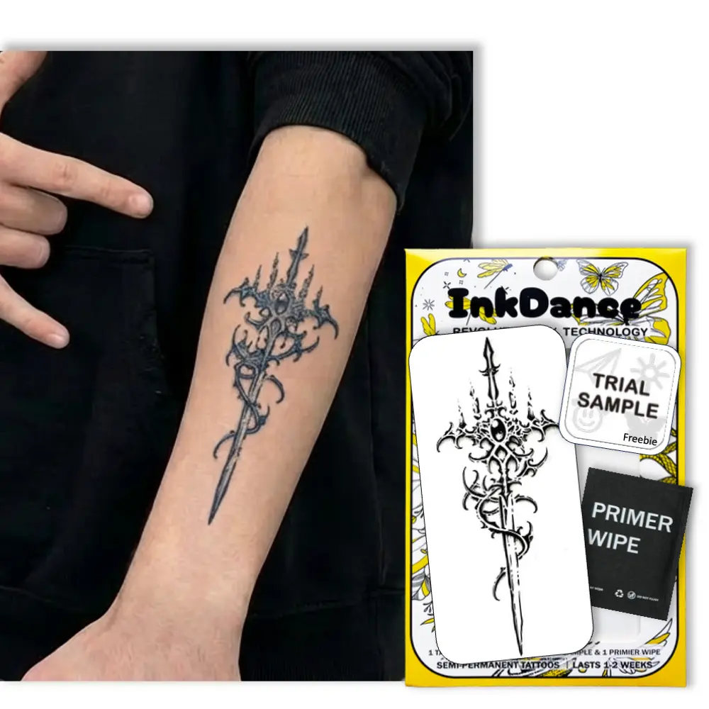 InkDance Semi-Permanent Tattoo, Dark Fantasy Gothic  Sword, Neo-Tribal / Cyber Sigilism, Long Lasting Temporary Tattoos, Waterproof Plant-Based Ink, Lasts 1-2 Weeks, Color Develops in 24 Hours D284