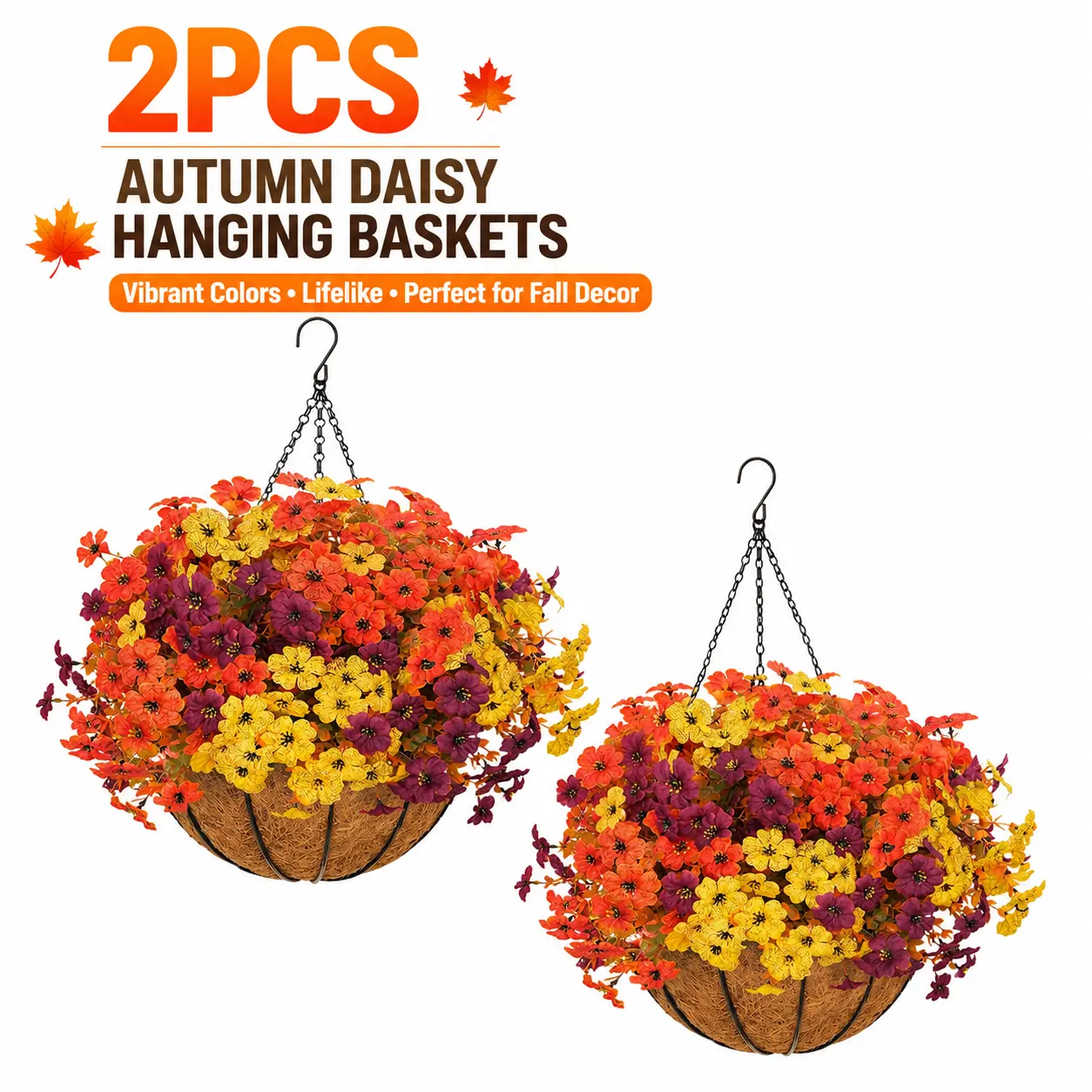 2PCS Autumn Daisy Hanging Baskets – Decorative Faux Flower, Lifelike Fall Colors, Patio & Indoor Decor, Easy to Hang, Vibrant Seasonal Blooms for Home & Balcony