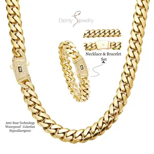 [New Set] 14K Gold-Plated Cuban Necklace & Bracelet New Anti-Rust Technology Timeless Shine Comfortable to Wear and Non-Allergic Waterproof Sweatproof 6-14mm Sizes The best gift for men and women Perfect Gift men's jewelry
